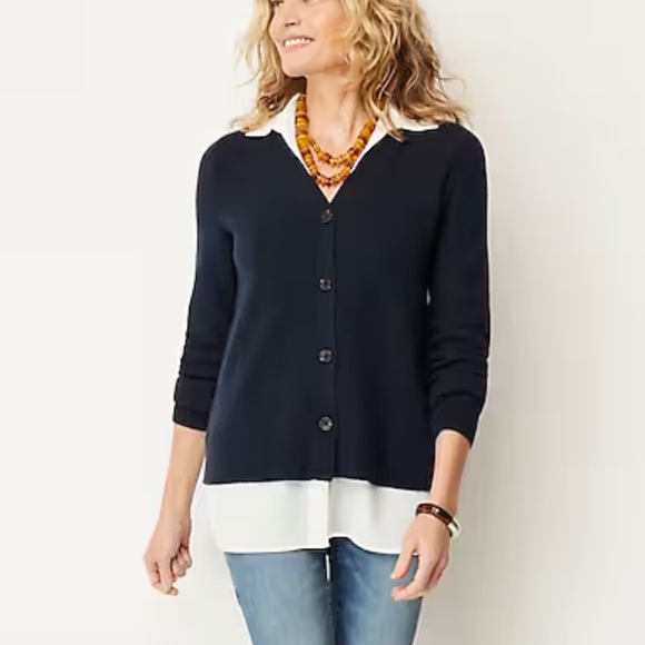 J. Jill Collared Sweater MIXED MEDIA CARDI Navy Blue and White Preppy Size XS - Picture 1 of 8